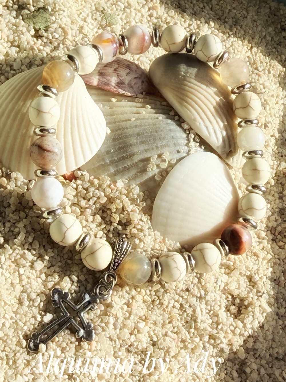 FLOWER AGATE Cream Howlite Bead Bracelet with Silver Cross Charm